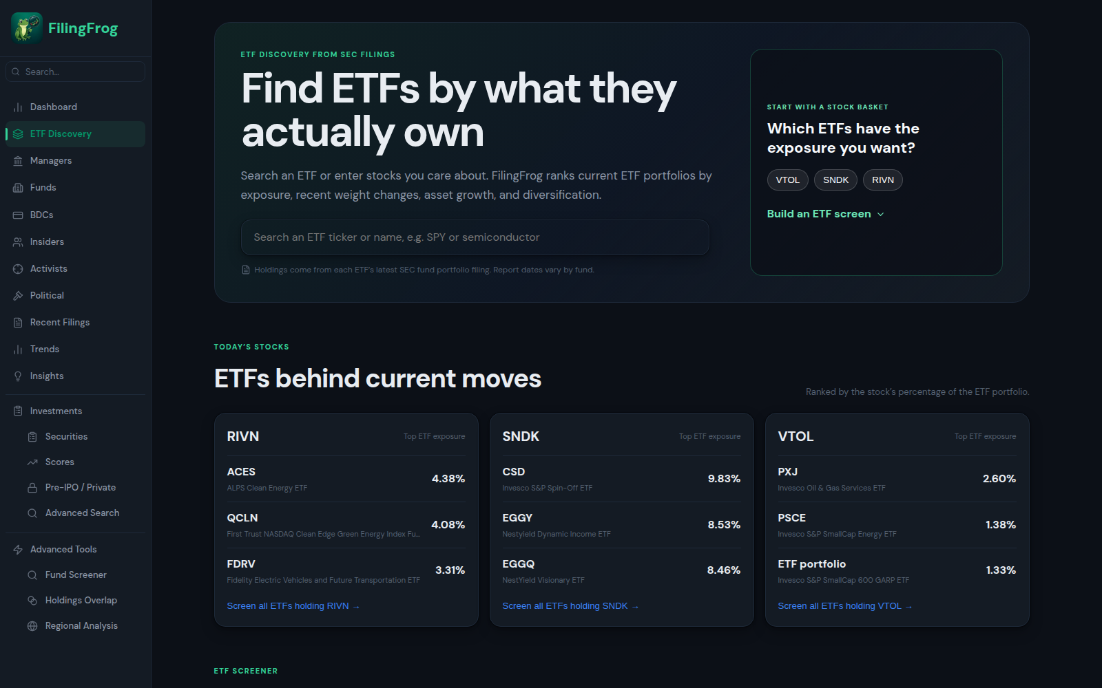 ETF Discovery showing ETF search, a stock-basket starting point, and ETFs behind current moves