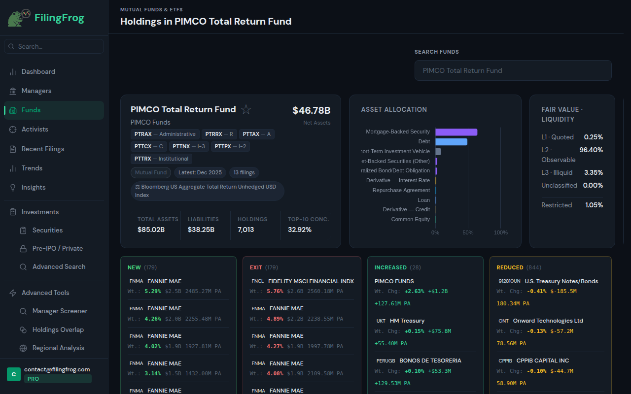 Fund profile page showing PGIM Core Bond Fund holdings and asset allocation