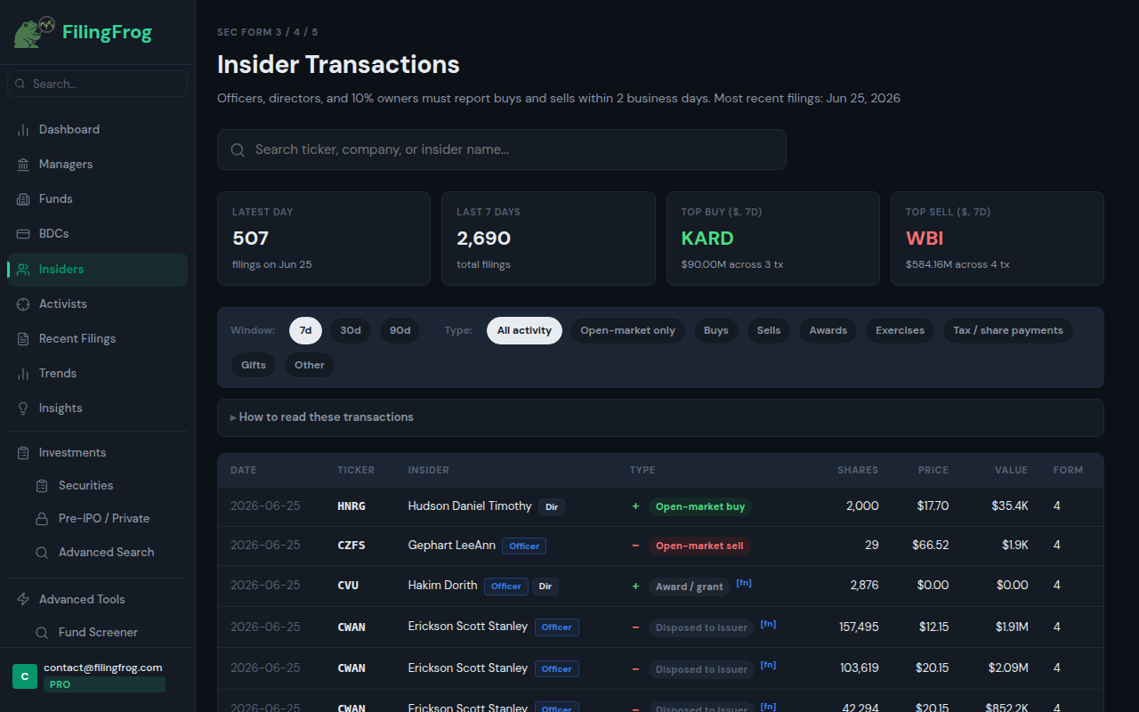 Insiders page showing recent Form 4 transactions with buy and sell activity across companies