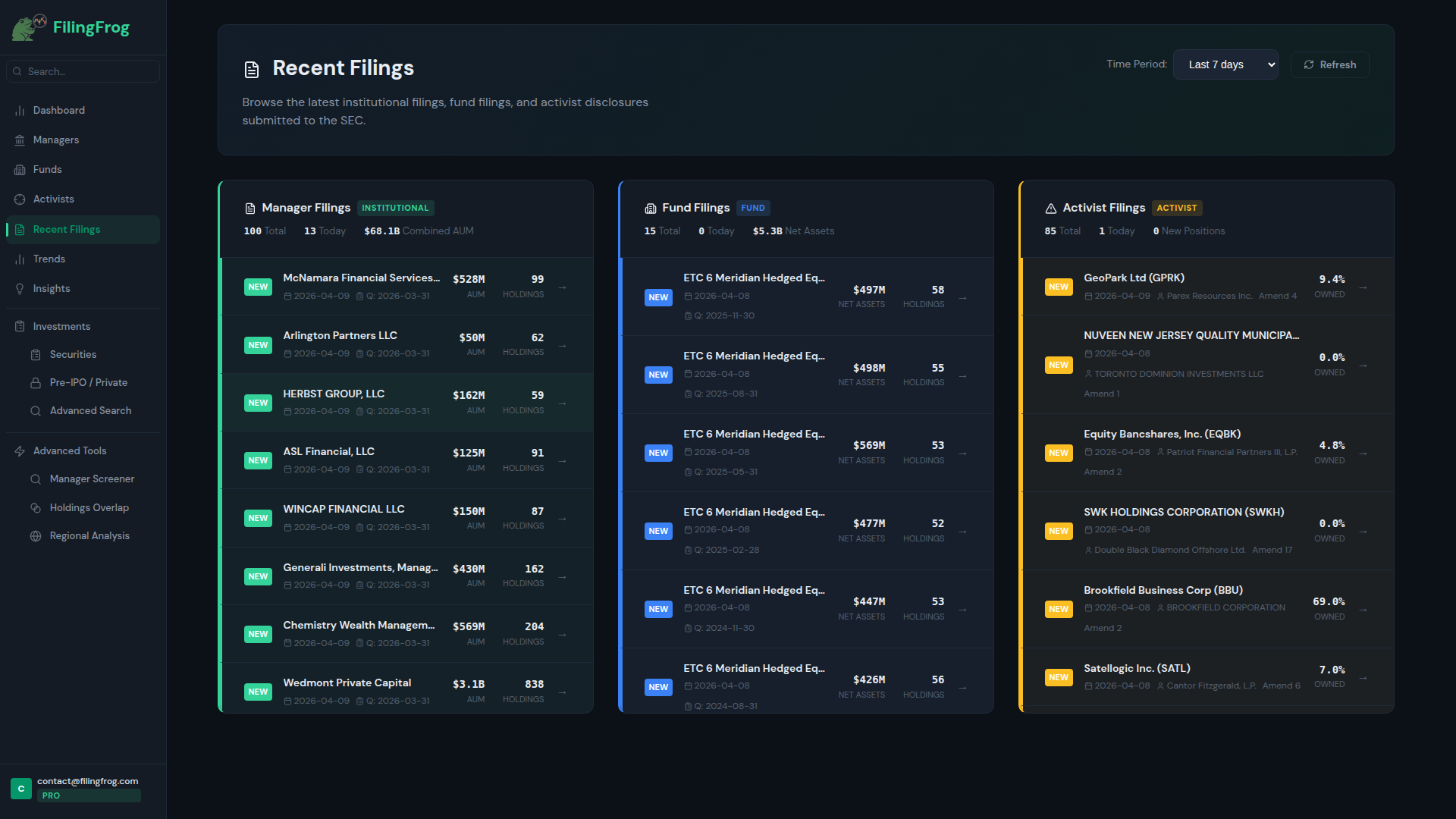Recent Filings page showing manager, fund, and activist filings columns