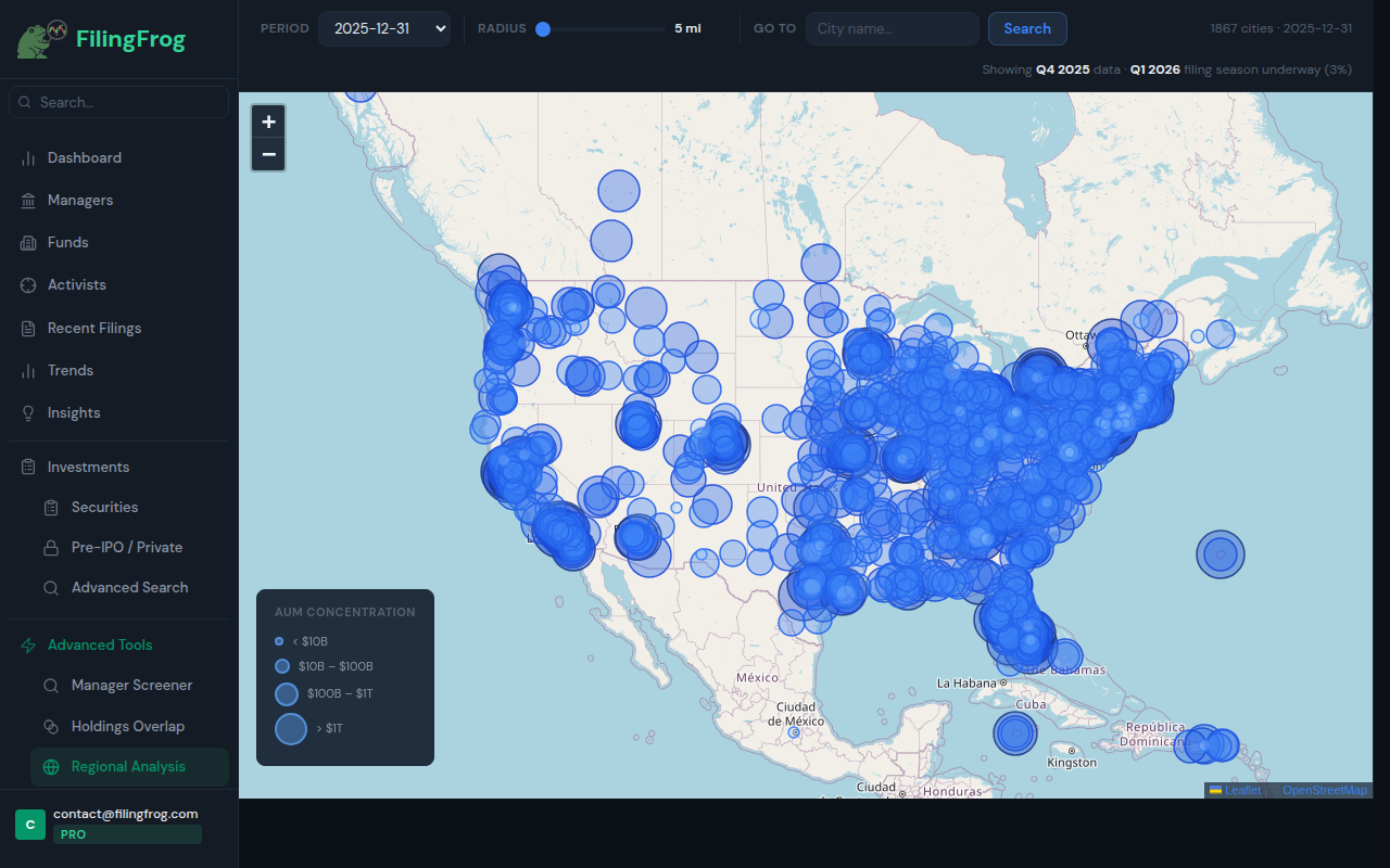 Regional Analysis map showing institutional AUM concentration across US cities