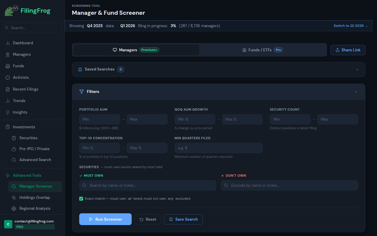 Manager Screener showing filter panel with AUM, growth, and ticker controls