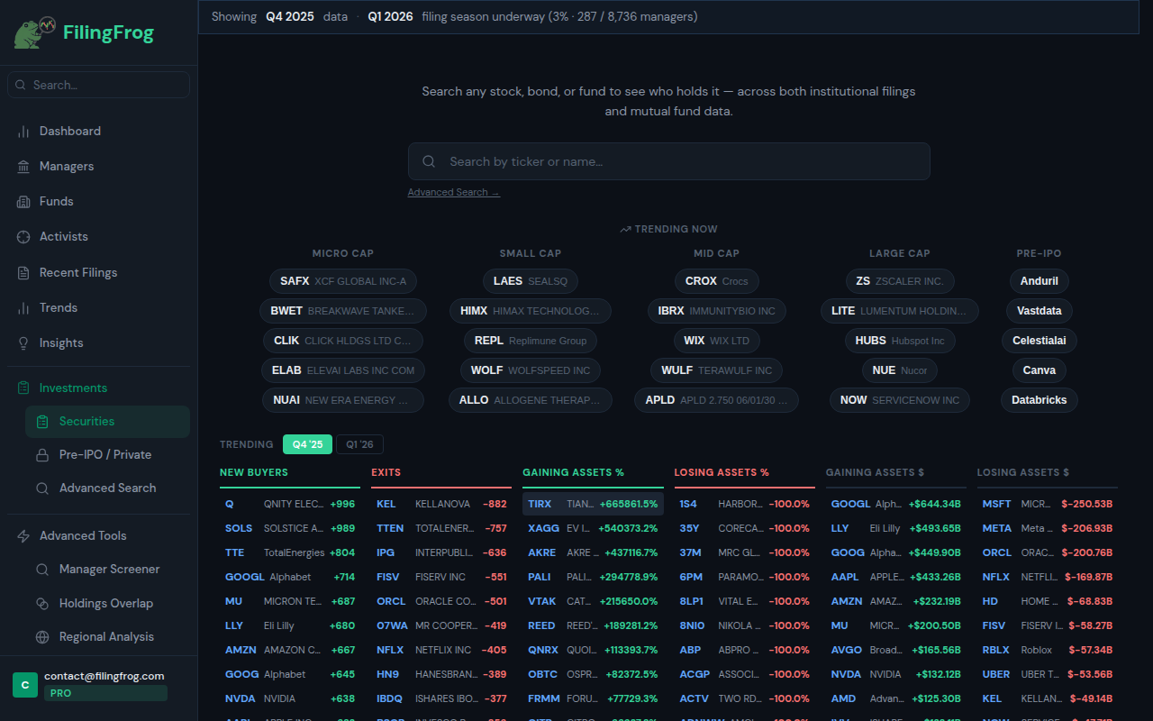 Securities page showing trending stocks by cap tier and last quarter movers